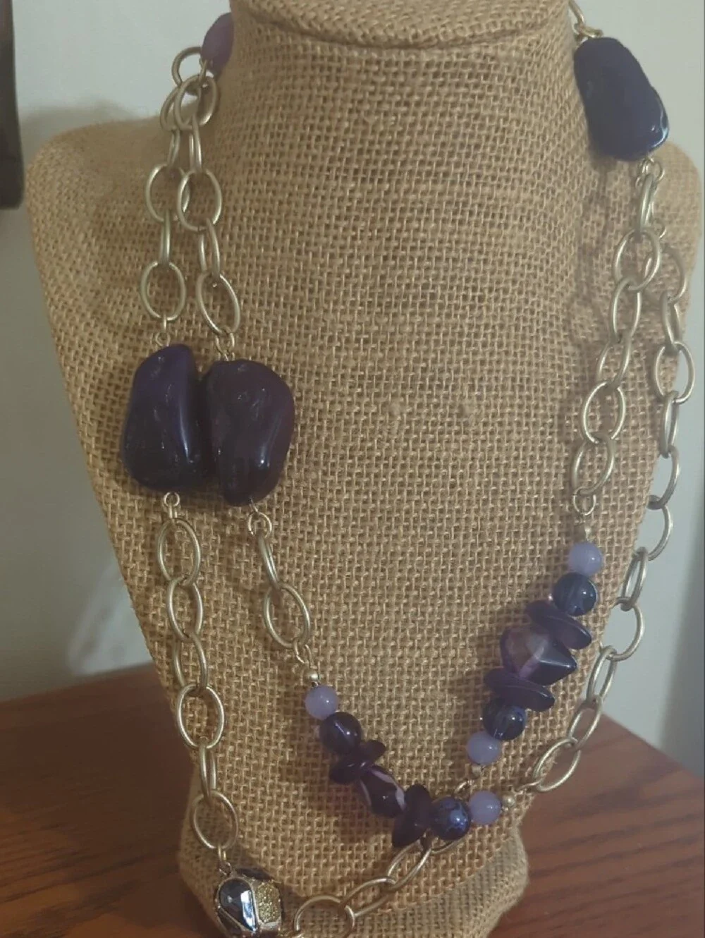 Gold-Tone Long Long Necklace with Purple Bead Accents